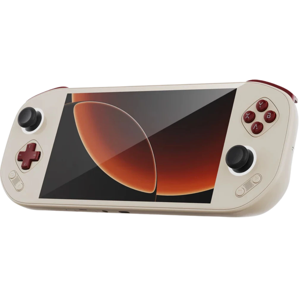 Consola Mangmi Pocket Max 7 AMOLED de 7 pulgadas, color crema con botones rojos, doble joystick, cruceta, altavoces frontales y marcos delgados