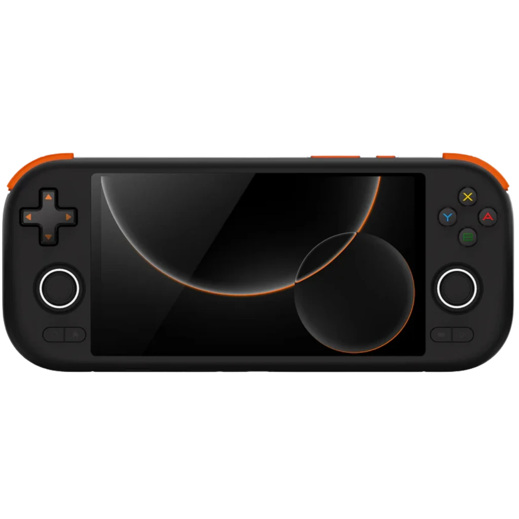 Mangmi Pocket Air X 5,5 polegadas preto com tela ampla, botões ABXY coloridos, direcional em cruz, dois analógicos e detalhes laranja para jogos móveis