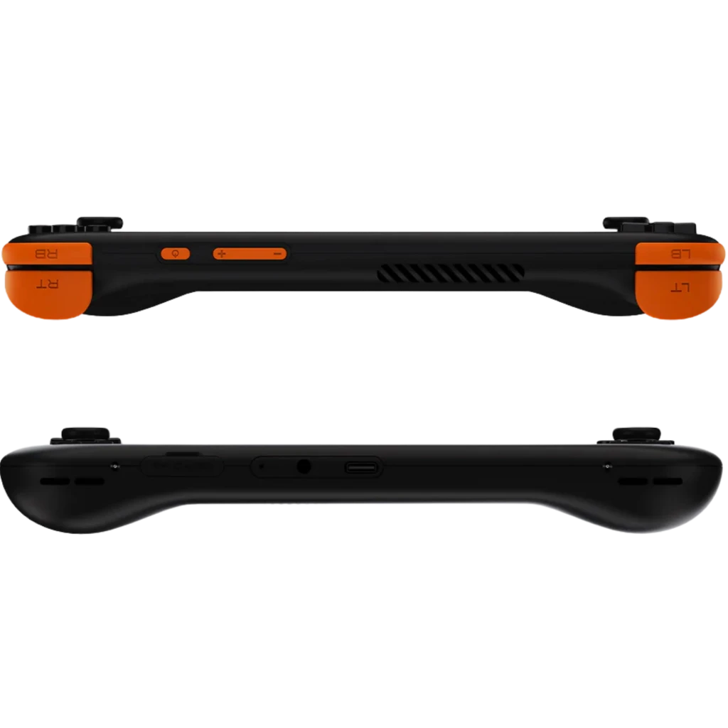 Mangmi Pocket Air X 5,5 pulgadas Android 14 negro con gatillos L1 L2 R1 R2 naranjas, botones laterales, rejilla de ventilación y puertos USB-C y audio