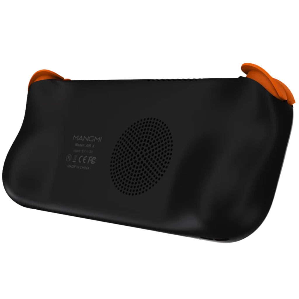 Mangmi Pocket Air X 5,5 pulgadas Android 14 4GB 64GB en color negro con agarres naranjas y ventilación trasera central en rejilla circular