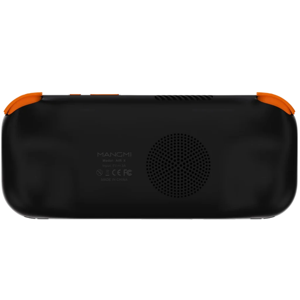 Mangmi Pocket Air X 5,5 pulgadas color negro con detalles naranjas, carcasa curva, rejilla de altavoz trasero central y puertos superiores visibles