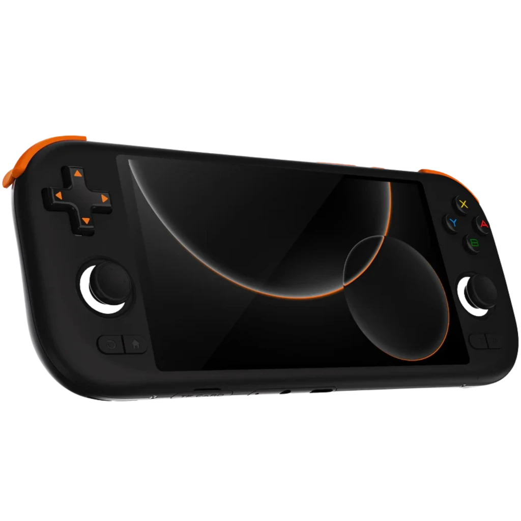 Consola portátil negra con pantalla 5,5 pulgadas, bordes naranjas, cruceta y joystick izquierdo, botones ABXY y joystick derecho, diseño ergonómico compacto