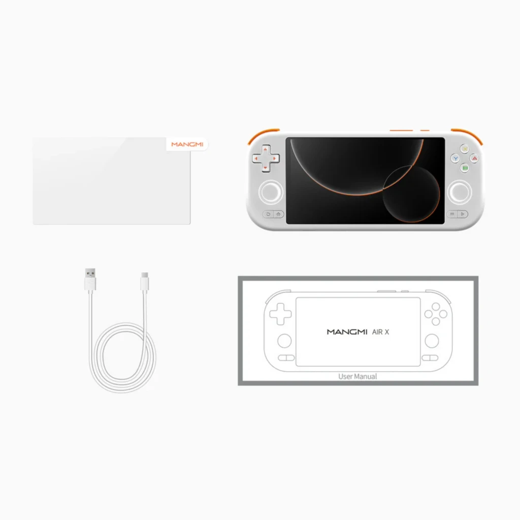Consola portátil Mangmi Pocket Air X blanca con pantalla 5,5 pulgadas, botones grises y acentos naranjas. Incluye cable USB, manual y estuche rígido.