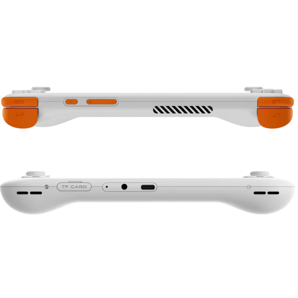 Mangmi Pocket Air X 5,5 Android 14 blanco con bordes curvos, gatillos L1 L2 R1 R2 naranjas, ranura TF, USB-C, jack 3.5 mm y rejillas de ventilación