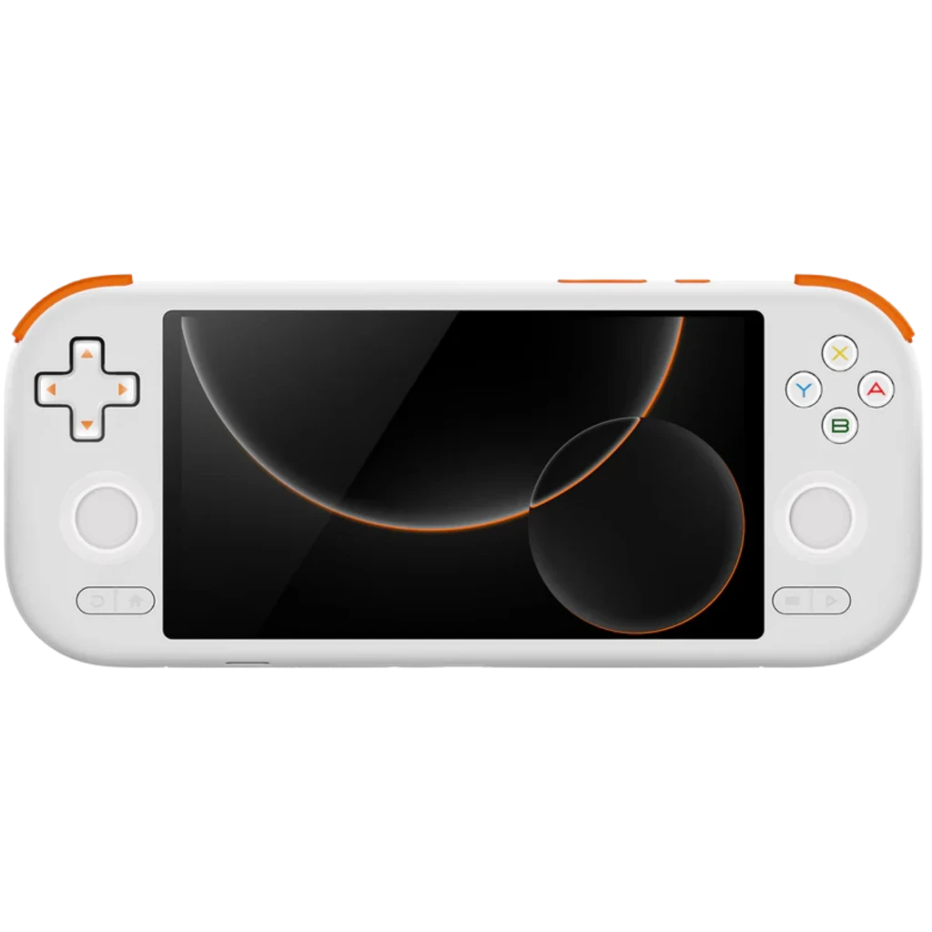 Mangmi Pocket Air X branco com tela 5,5 pol, botões coloridos ABXY, direcional em cruz, detalhes laranja no topo e alto-falantes frontais