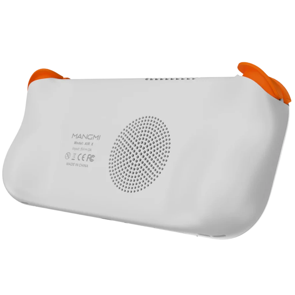Mangmi Pocket Air X blanco con carcasa curva, agarres naranjas y rejilla de altavoz trasera central; diseño portátil y ligero 5,5 pulgadas Android 14 4GB 64GB