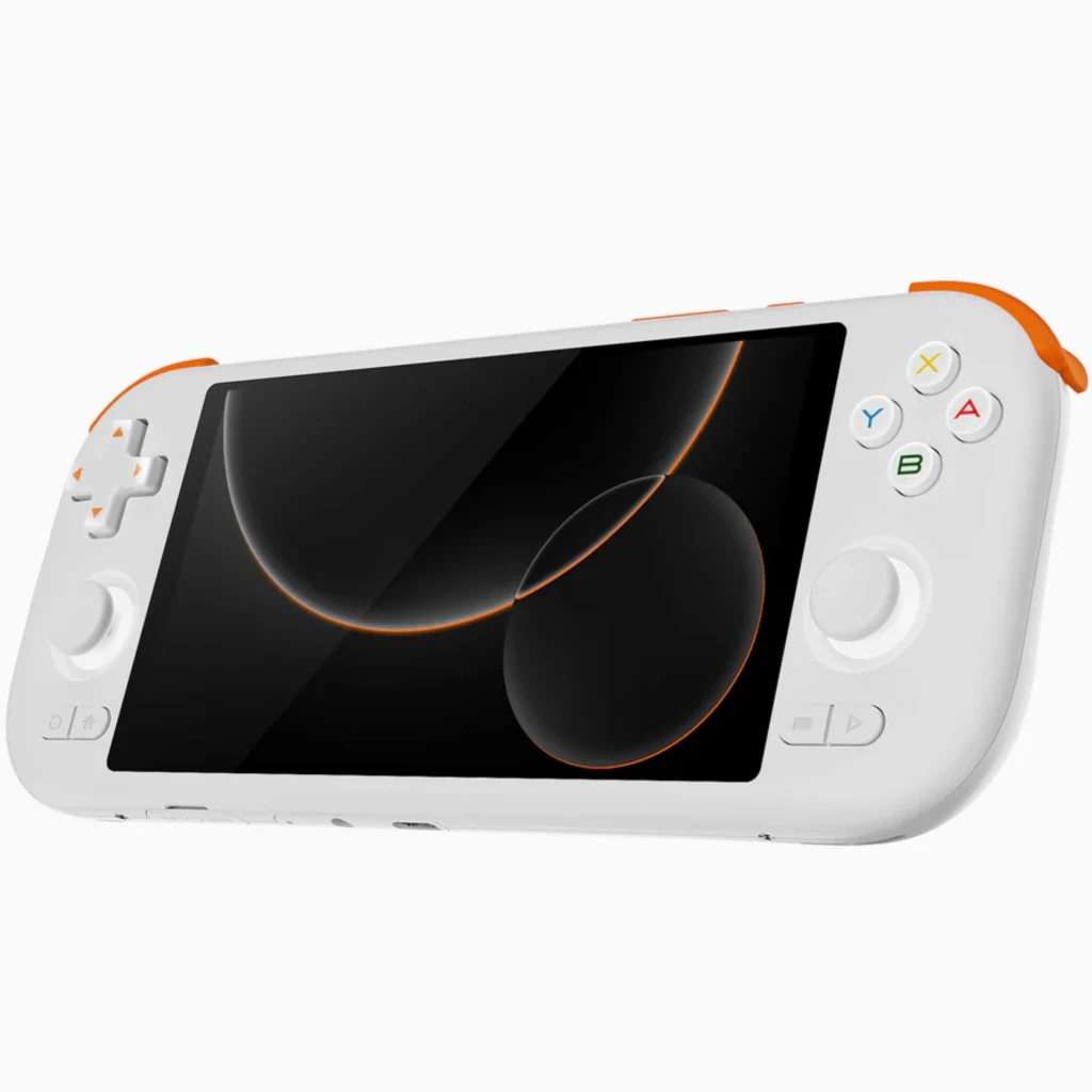 Consola portátil blanca con pantalla 5,5 pulgadas, botones A B X Y, cruceta y dos joysticks; bordes naranjas y diseño compacto Mangmi Pocket Air X