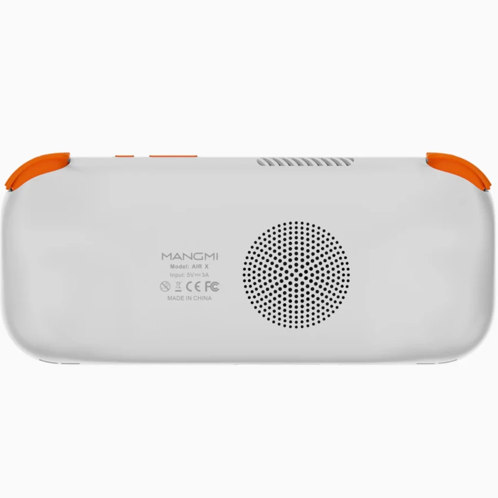 Mangmi Pocket Air X 5,5 pulgadas blanco, carcasa trasera lisa con rejilla de altavoz central y acentos naranjas en las esquinas, compacto y ligero