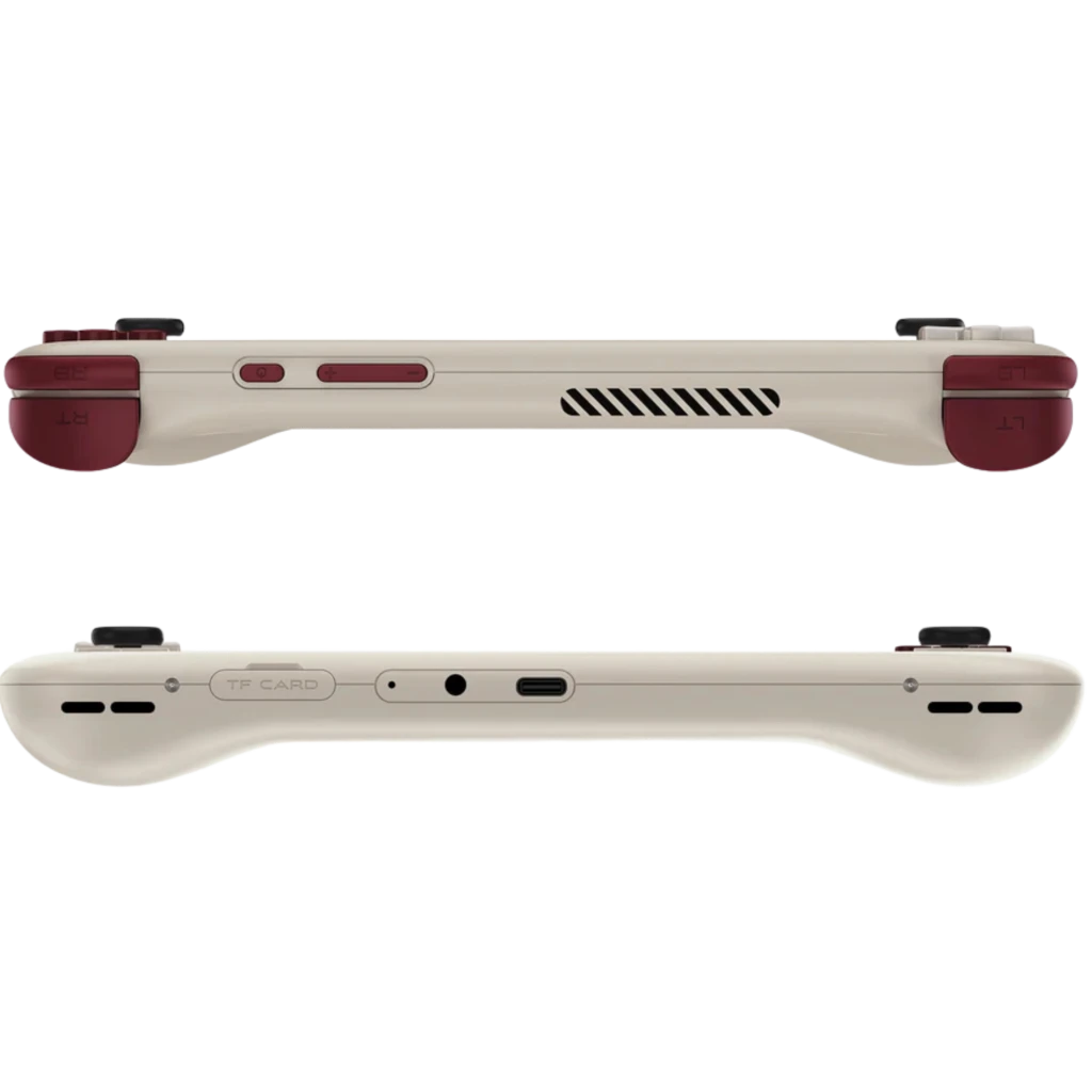 Bordes laterales en color crema con gatillos y joysticks rojos, ranura TF, USB‑C, altavoces y rejilla de ventilación para Mangmi Pocket Air X 5,5" Android