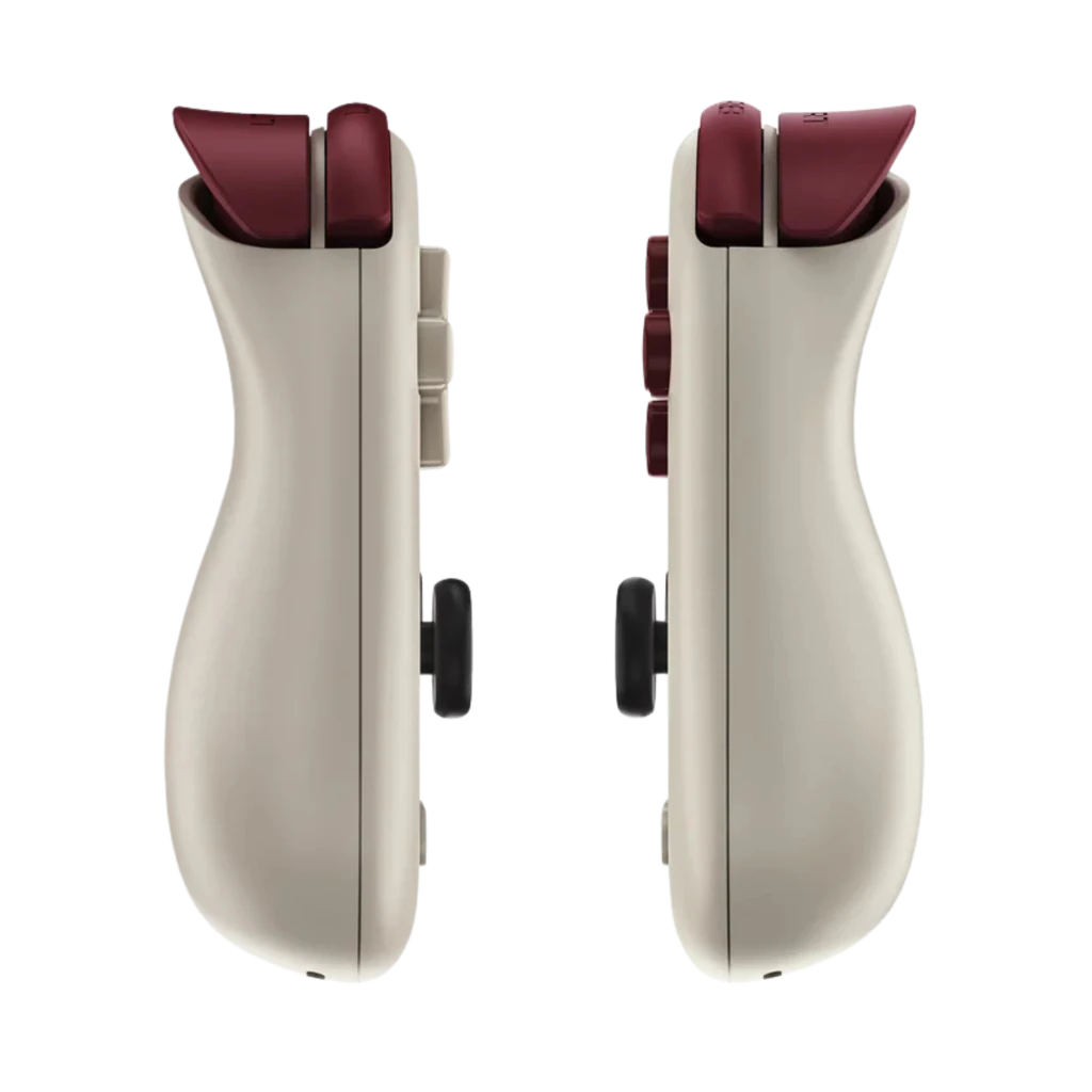 Mandos laterales ergonómicos en color marfil con gatillos burdeos, joysticks negros y botones frontales, compatibles con Mangmi Pocket Air X 5,5 pulgadas