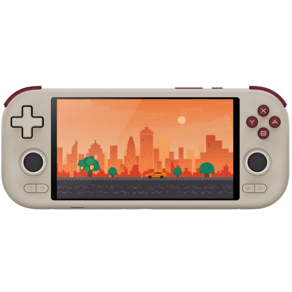 Mangmi Pocket Air X 5,5 pol Android 14 portátil retro bege com botões vermelhos, D-pad à esquerda, tela widescreen mostrando jogo pixel art, 4 GB 64 GB