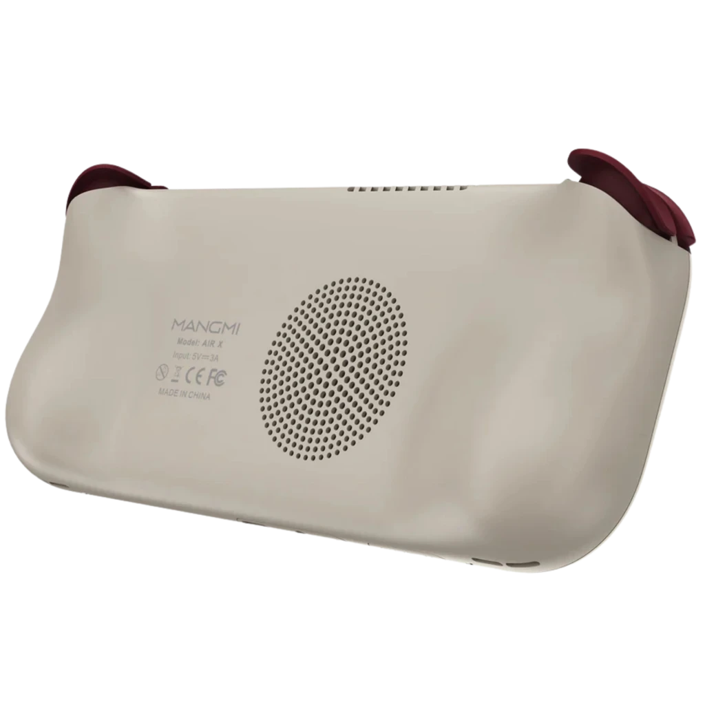 Consola portátil color crema con agarres ergonómicos burdeos, rejilla de altavoz central y carcasa curvada. Marca Mangmi Pocket Air X 5,5 pulgadas.