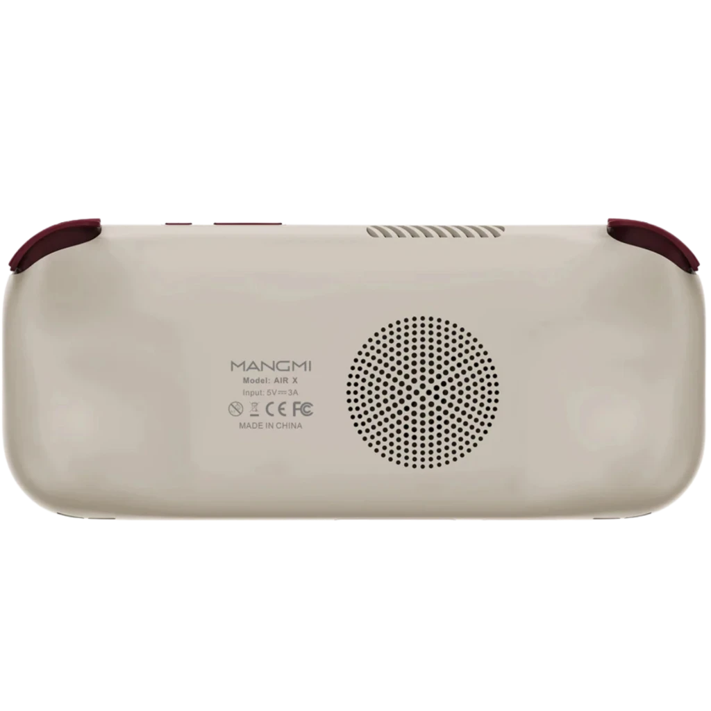 Consola portátil beige Mangmi Pocket Air X con rejilla de altavoz trasero circular, extremos burdeos y carcasa curva 5,5 pulgadas Android 14 4GB 64GB Retro