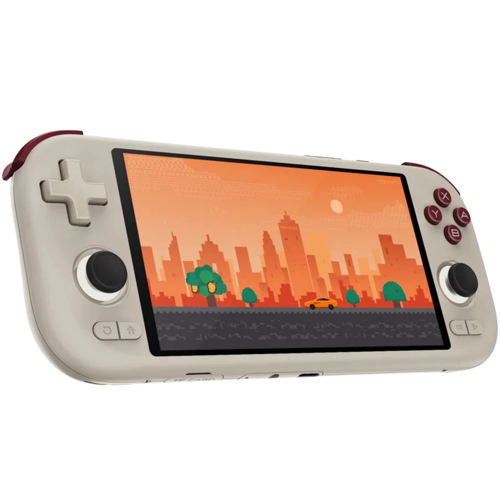Consola portátil beige con pantalla 5,5 pulgadas, cruceta, dos sticks, botones rojos, altavoces frontales y marco delgado; diseño retro compacto