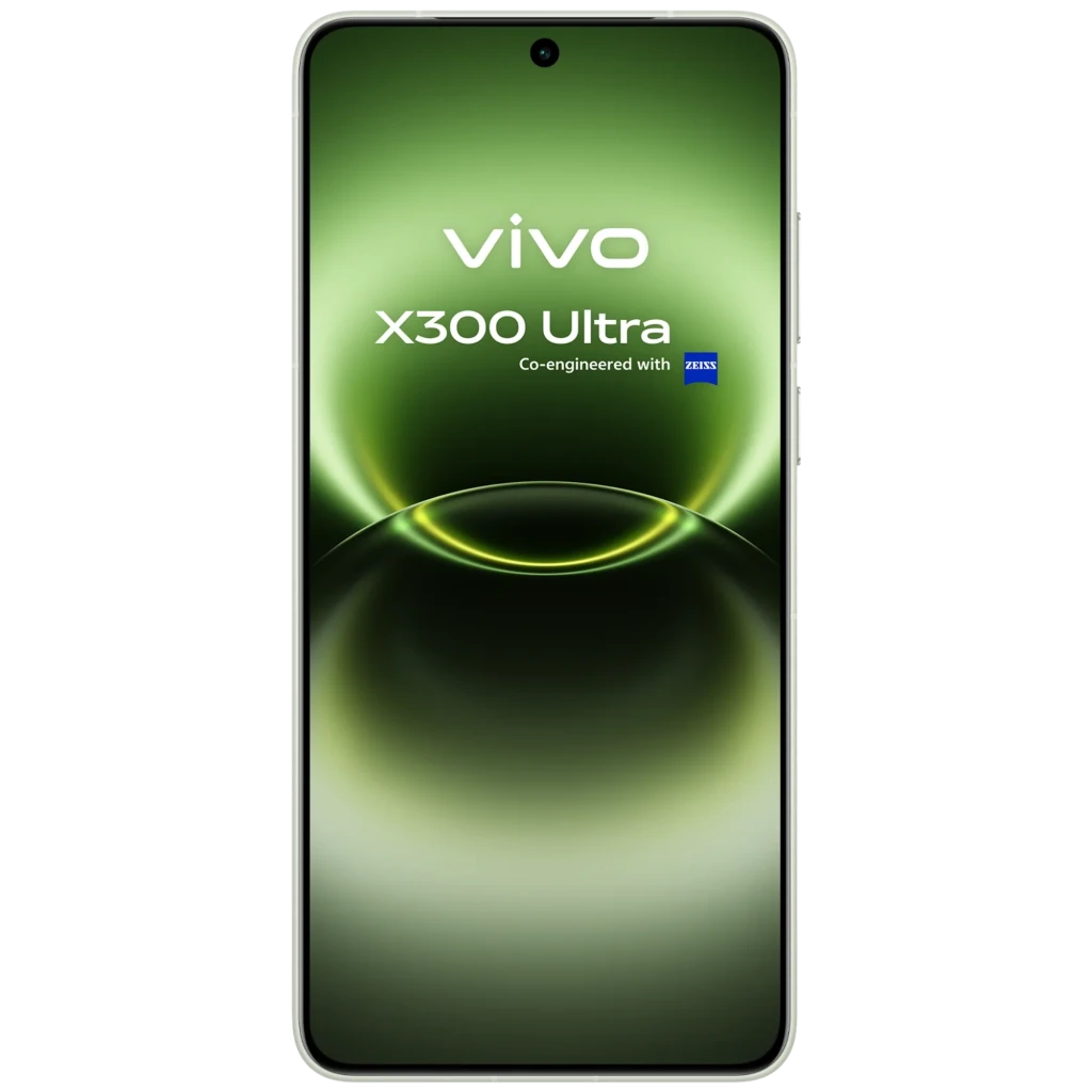 Vivo X300 Ultra 5G verde con pantalla OLED curva, biseles ultrafinos y cámara frontal perforada centrada; brillo verde con efecto anillo en la pantalla