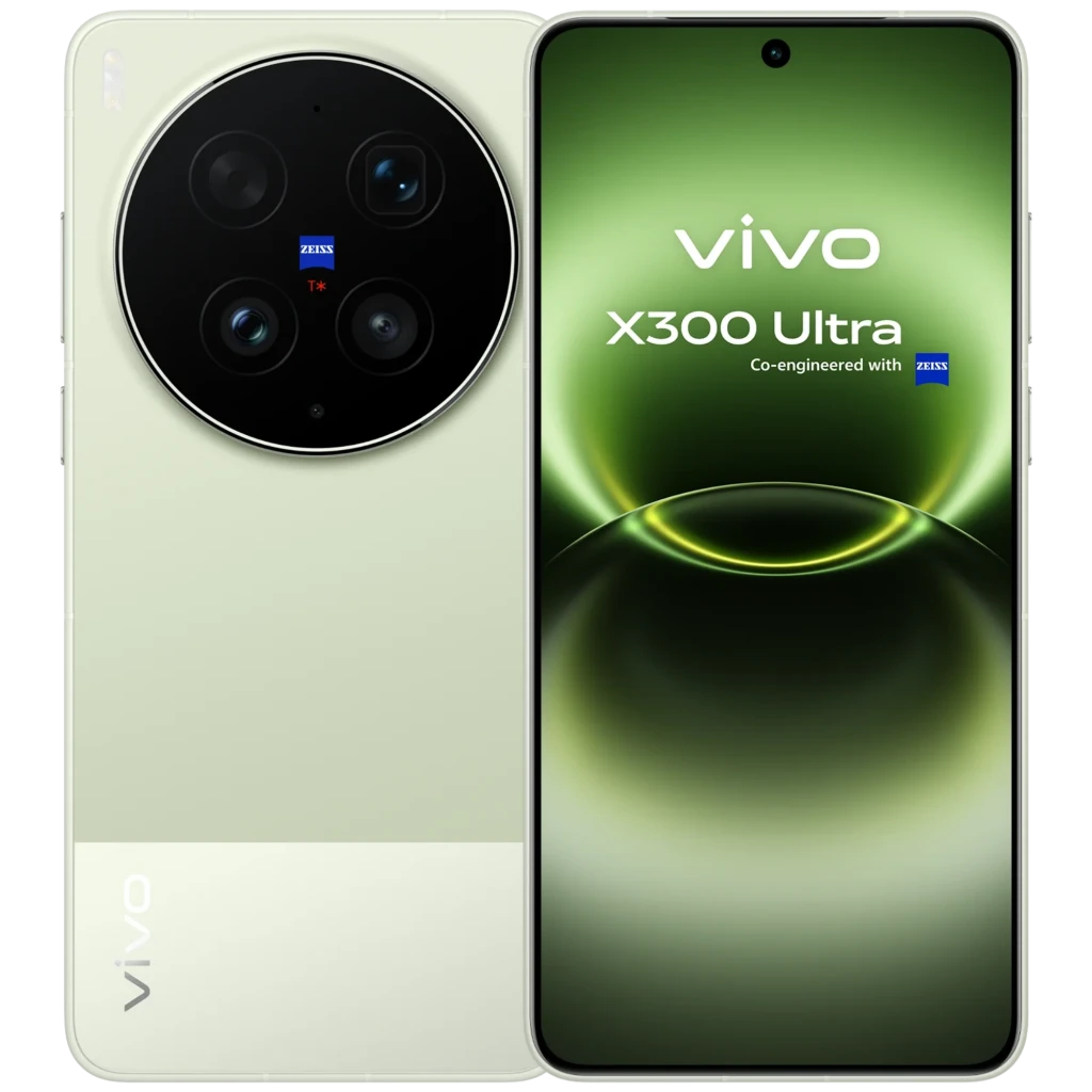 Vivo X300 Ultra 5G verde con pantalla curva amplia y perforación central, módulo trasero circular negro con triple cámara ZEISS y flash discreto
