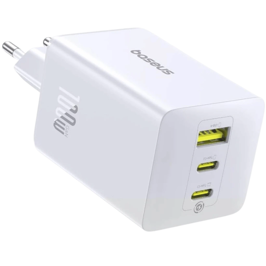 Cargador Baseus EnerFill FE11 blanco, GaN 100W, compacto con 2 puertos USB-C y 1 USB-A frontales en amarillo, enchufe europeo y acabado mate elegante