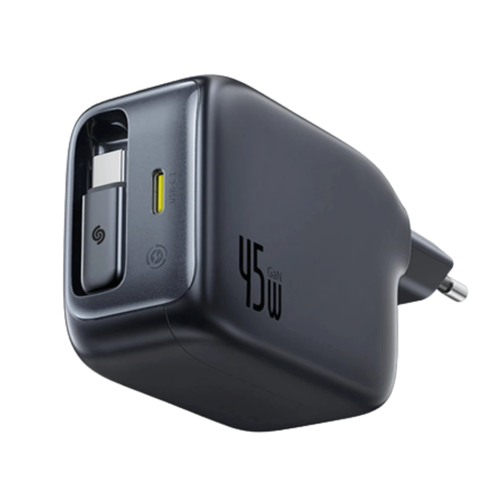 Baseus EnerCore CJ11 USB-C 45W cargador de pared GaN negro con cable retráctil integrado, puerto USB-C frontal y diseño compacto con clavija EU