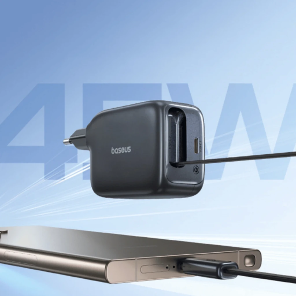 Baseus EnerCore CJ11 USB-C 45W cargador de pared compacto en color negro con cable retráctil integrado y puerto USB-C, diseño minimalista y portátil