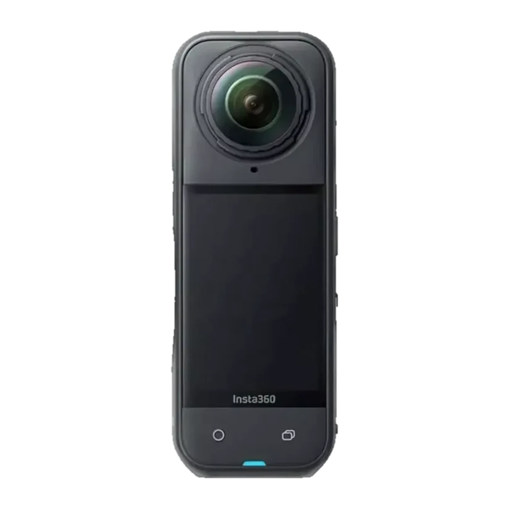 Cámara Insta360 X5 8K 360° negra medianoche con lente esférica prominente, pantalla táctil frontal vertical y botones inferiores; diseño sumergible 15 m