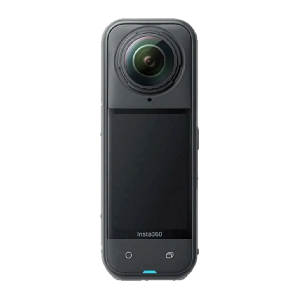 Cámara Insta360 X5 8K 360° negra medianoche, cuerpo vertical con doble lente ojo de pez y pantalla frontal; diseño compacto y sumergible hasta 15 m