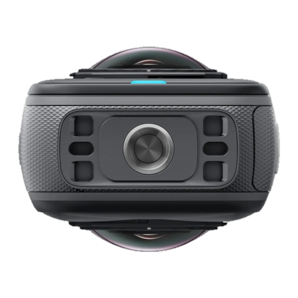 Insta360 X5 8K 360° negra medianoche, cuerpo robusto con lente dual sobresaliente, botón superior azul, textura antideslizante y diseño sumergible 15 m