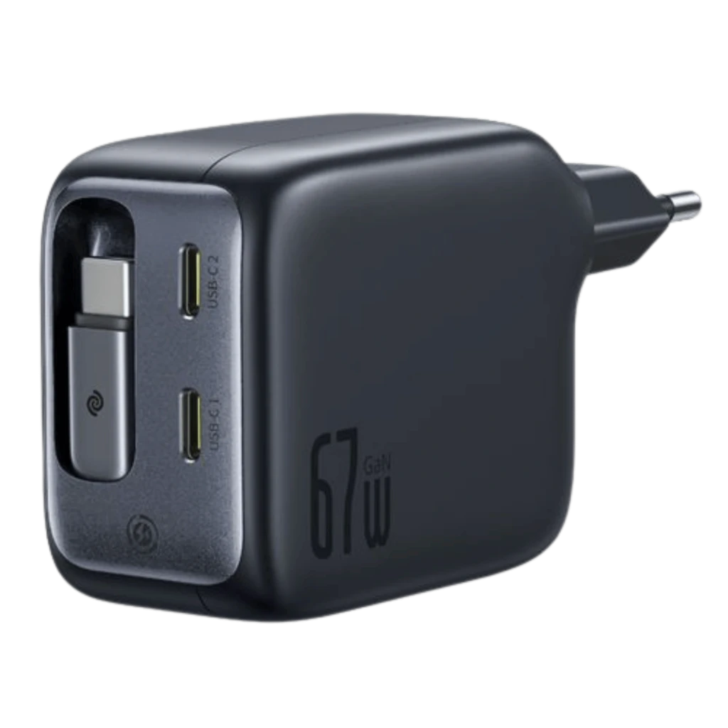 Baseus EnerCore CJ11 USB-C 67W cargador GaN negro con clavija europea, dos puertos USB-C y cable retráctil integrado, diseño compacto y minimalista