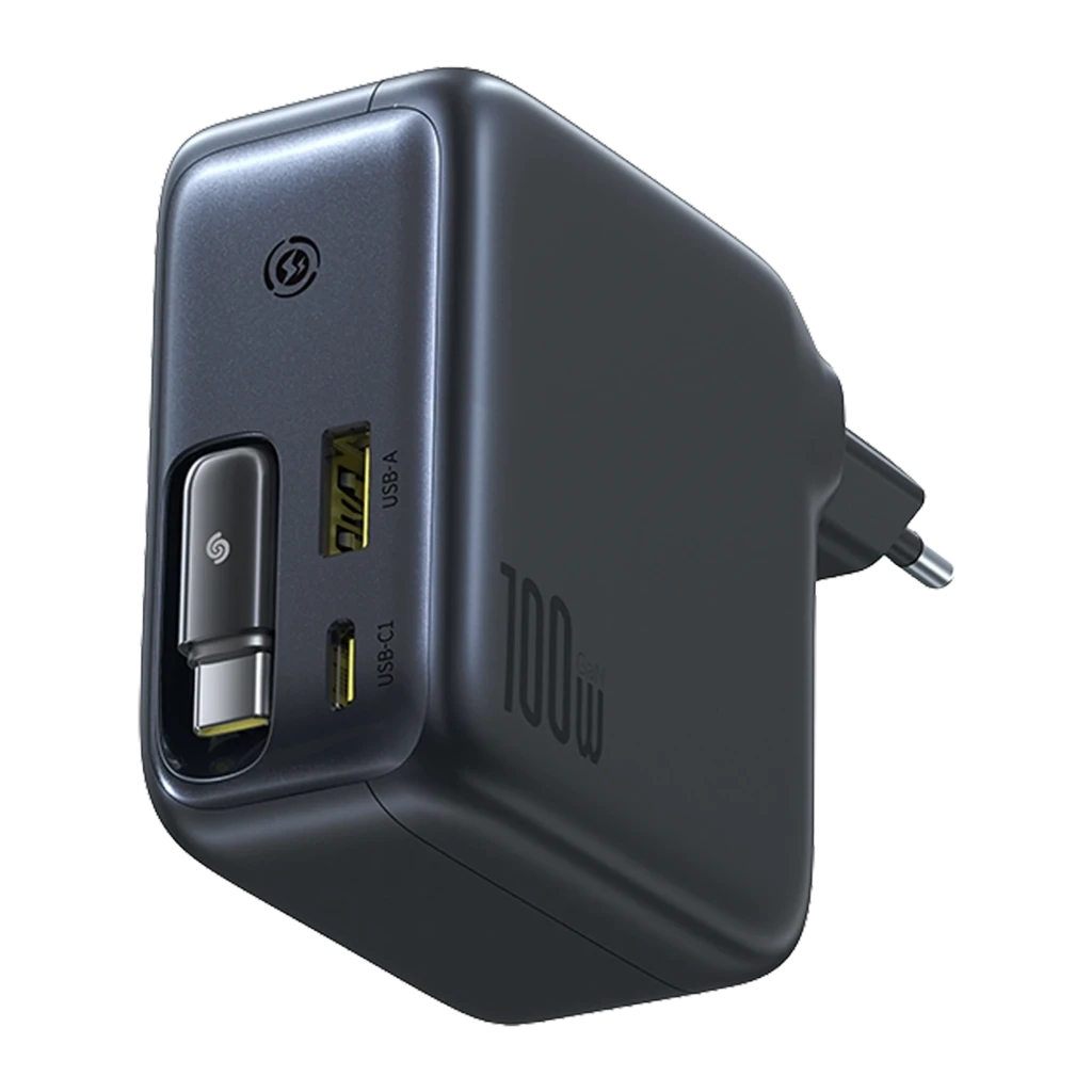 Baseus EnerCore CJ11 USB-C 100W, cargador de pared compacto con enchufe europeo, dos puertos USB-C, un USB-A y cable retráctil integrado en lateral