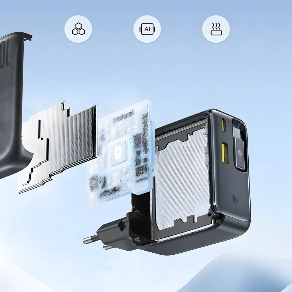 Baseus EnerCore CJ11 USB-C 45W cargador de pared con enchufe europeo, puerto USB-C, botón lateral y cable retráctil; diseño compacto y disipación visible