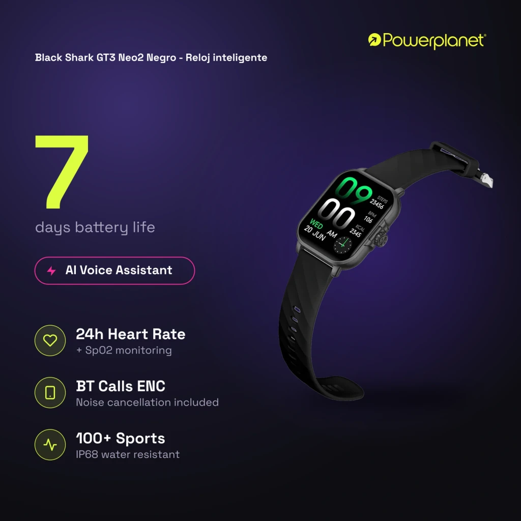 Black Shark GT3 Neo2 Smartwatch negro con pantalla rectangular, correa de silicona, bordes curvos y hebilla metálica; destaca 7 días batería e IP68