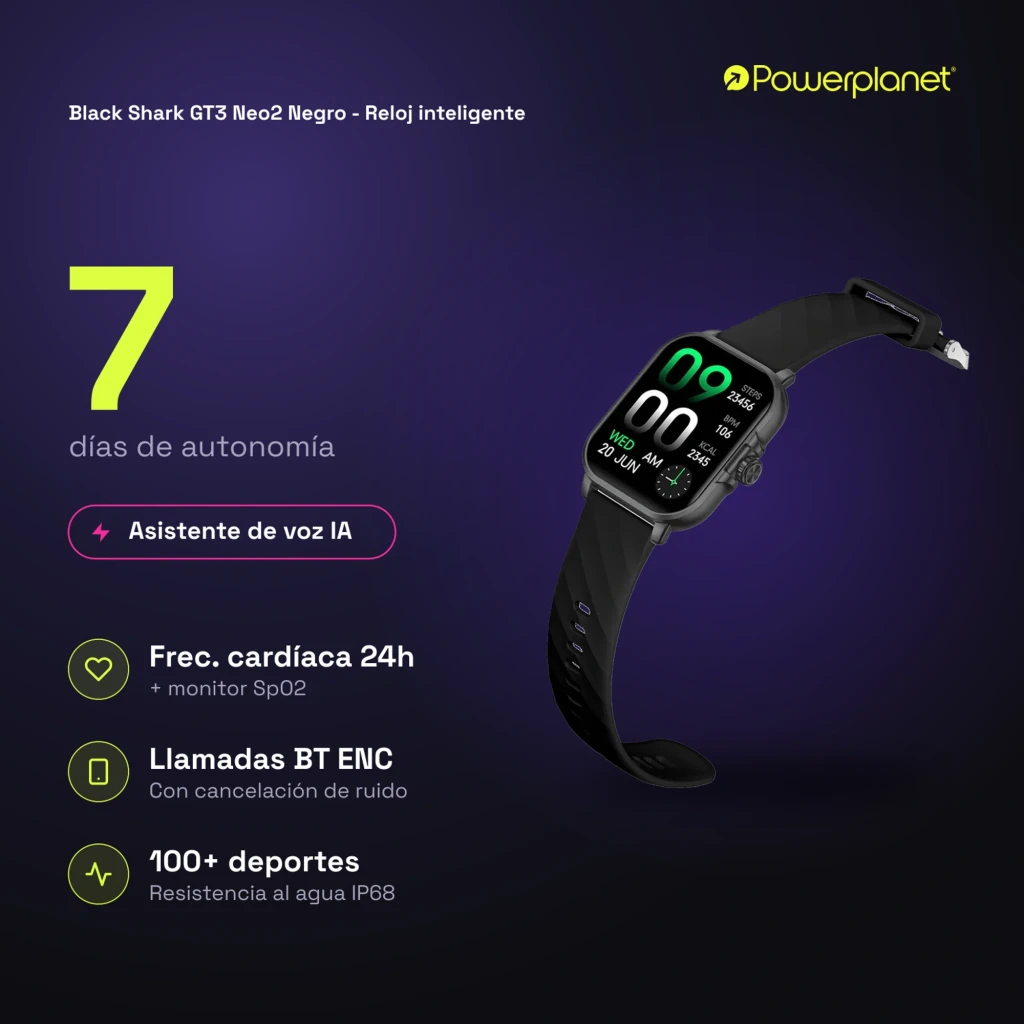 Black Shark GT3 Neo2 Smartwatch negro con pantalla rectangular, correa de silicona, 7 días de autonomía, IP68, monitor SpO2, llamadas BT, más de 100 deportes