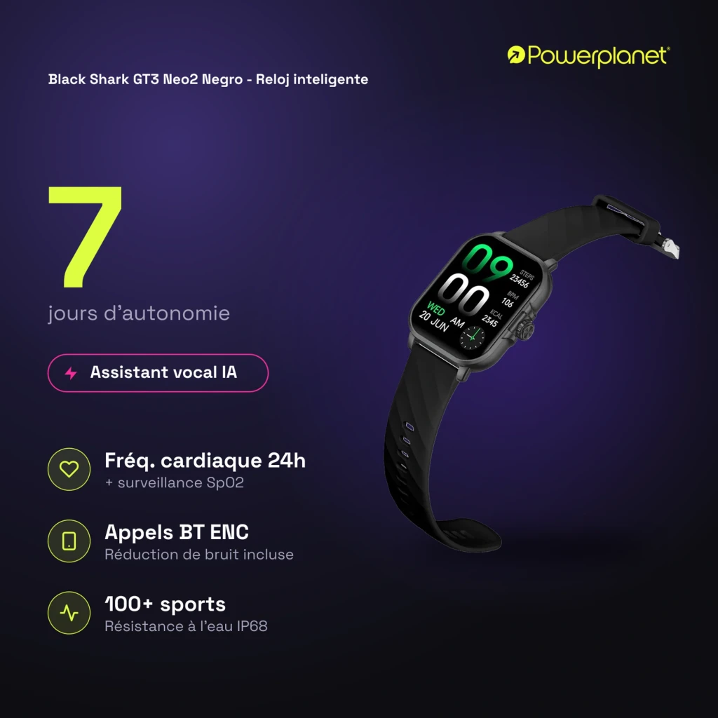 Black Shark GT3 Neo2 Smartwatch negro con pantalla cuadrada, correa de silicona, botones laterales, 7 días de autonomía, IP68, métricas de salud y deportes