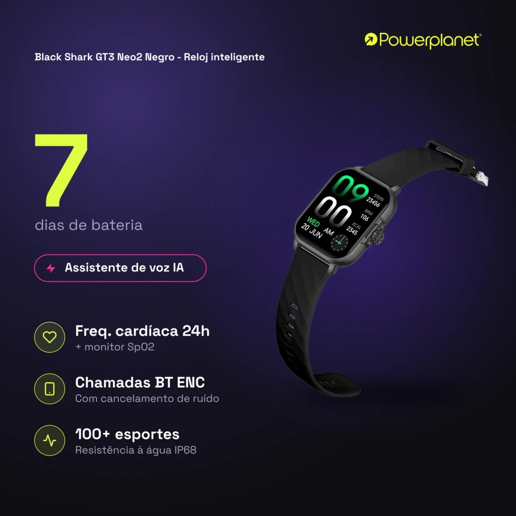 Black Shark GT3 Neo2 Smartwatch negro con pantalla curva, correa de silicona y hebilla metálica; muestra pasos, ritmo cardiaco, oxígeno y notificaciones