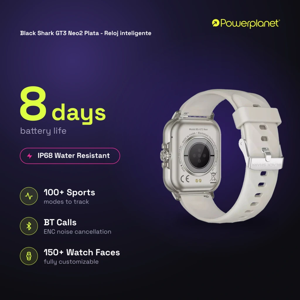 Black Shark GT3 Neo2 Smartwatch plata con correa blanca, caja metálica rectangular, sensor trasero, 7 días de batería, resistencia IP68, múltiples esferas