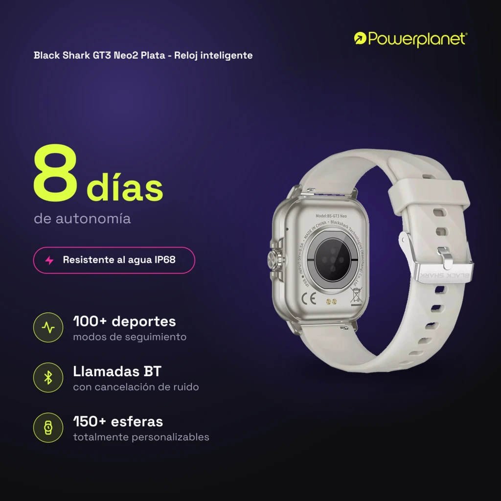 Smartwatch Black Shark GT3 Neo2 Plata con correa blanca, caja metalizada y pantalla táctil. Resistencia IP68 y diseño elegante para uso diario y deporte