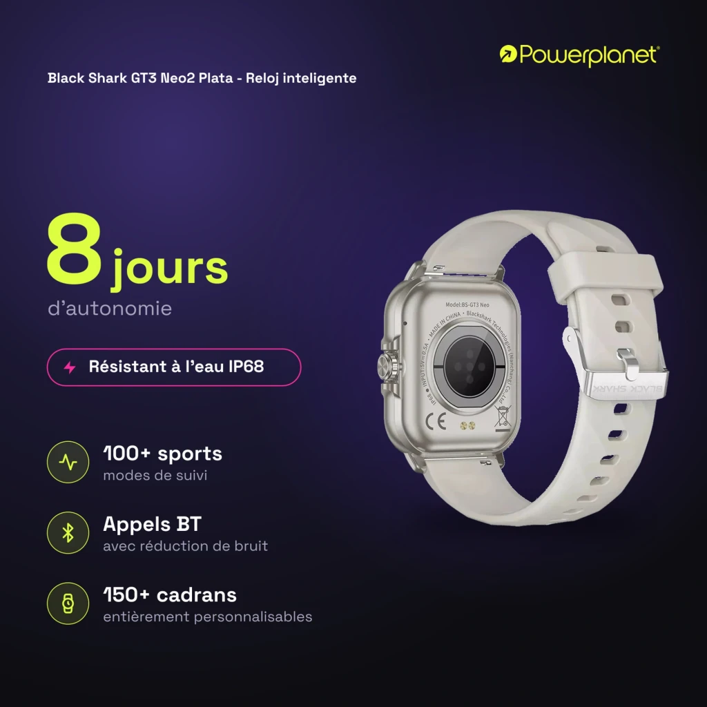 Smartwatch Black Shark GT3 Neo2 plata con caja cuadrada metálica, correa blanca, pantalla táctil, botones laterales y resistencia al agua IP68, autonomía 7