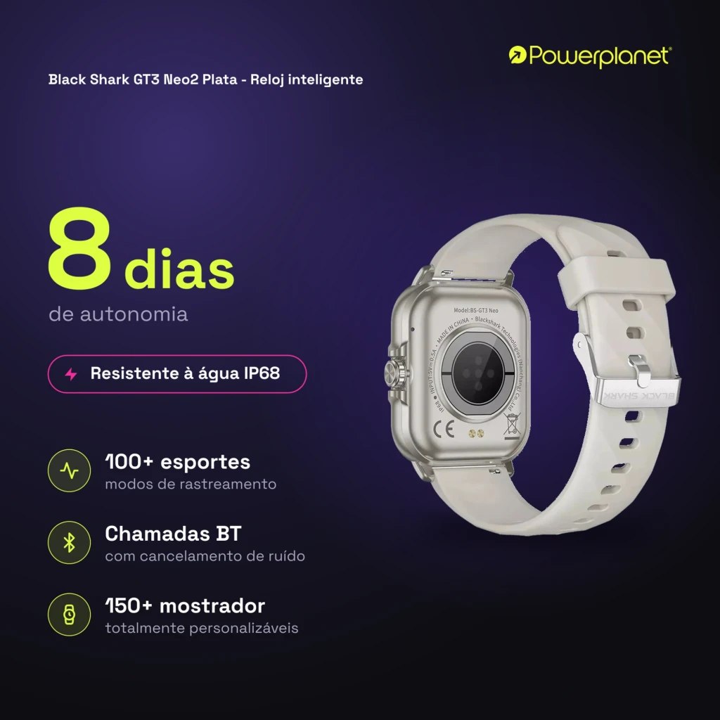 Black Shark GT3 Neo2 Smartwatch Plata con correa blanca, caja metálica cuadrada, sensores traseros, pantalla personalizable, 8 días de autonomía, IP68