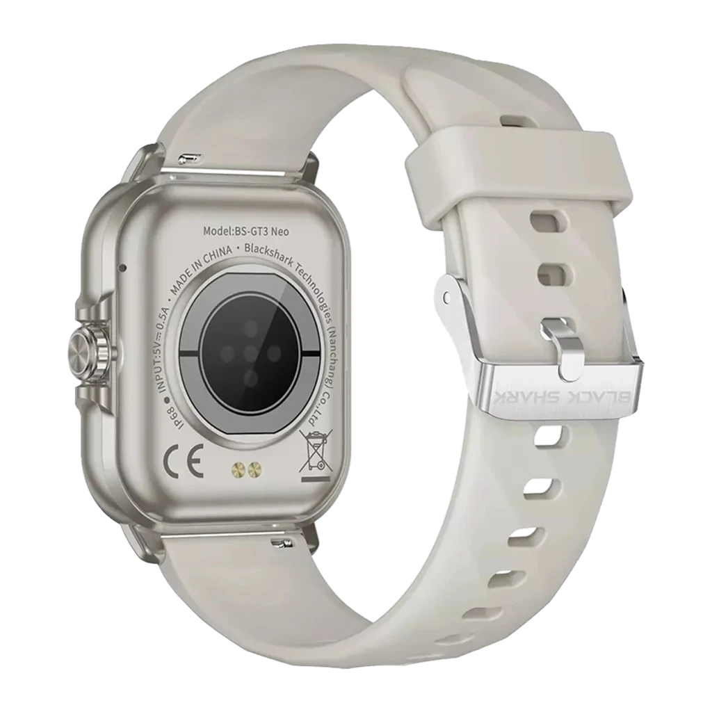 Smartwatch Black Shark GT3 Neo2 plata con correa de silicona blanca, caja metálica cuadrada, sensor trasero central, hebilla BLACK SHARK e índice IP68