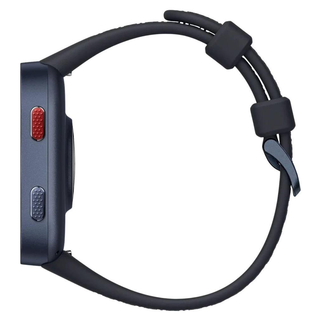 Relógio inteligente Amazfit Bip Max em Dark Blue, perfil lateral com caixa metálica fina, ecrã AMOLED 2,07, dois botões texturizados vermelho e azul,