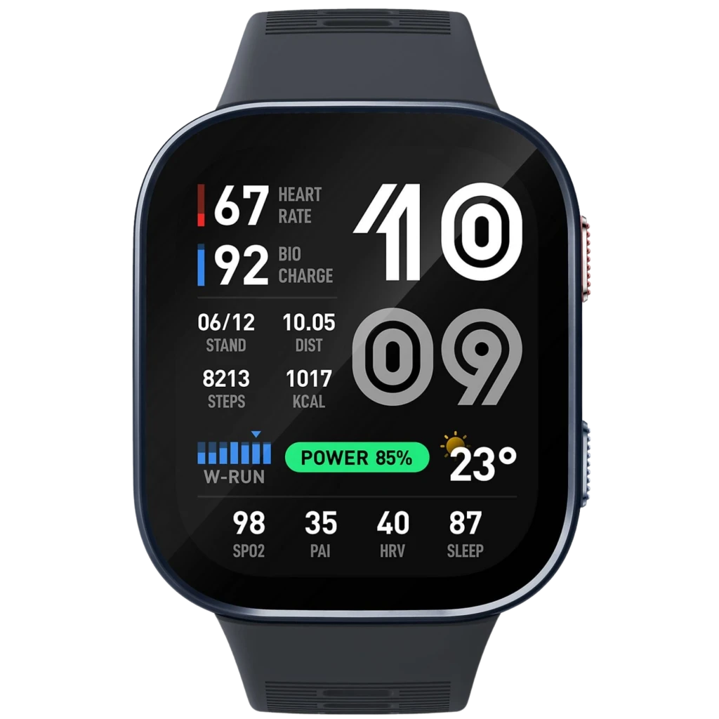 Amazfit Bip Max smartwatch azul oscuro con pantalla AMOLED 2,07, correa de silicona y esfera rectangular que muestra ritmo cardíaco, pasos, GPS y batería