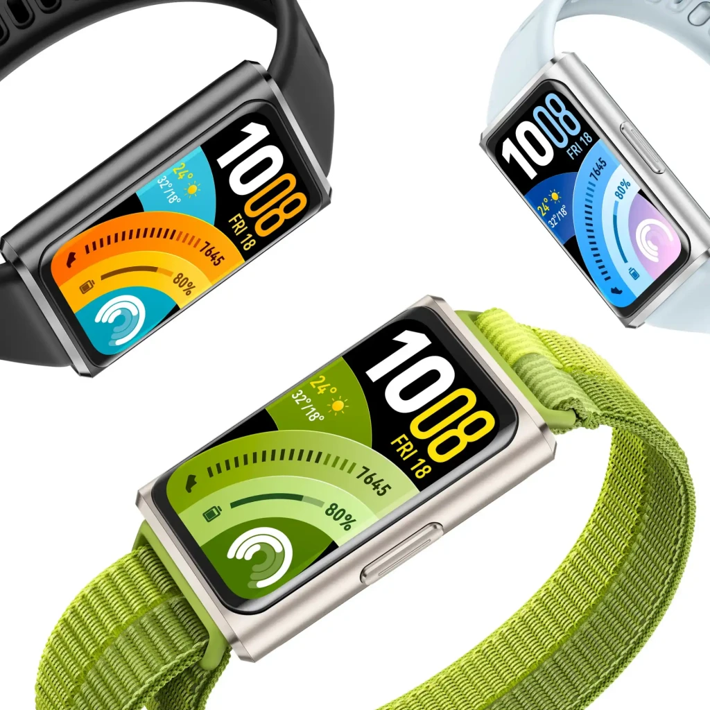 Huawei Band 11 Pro con pantalla AMOLED 1,62 pulgadas, bisel metálico, correa negra y correas adicionales verde y blanca, esfera colorida y botones laterales