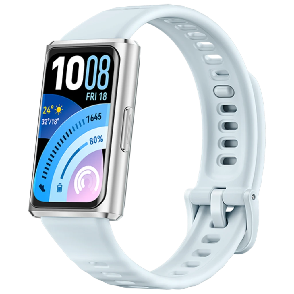 Huawei Band 11 Pro azul con pantalla AMOLED 1,62 pulgadas, caja plateada, botón lateral, correa de silicona ajustable y esfera con métricas de salud