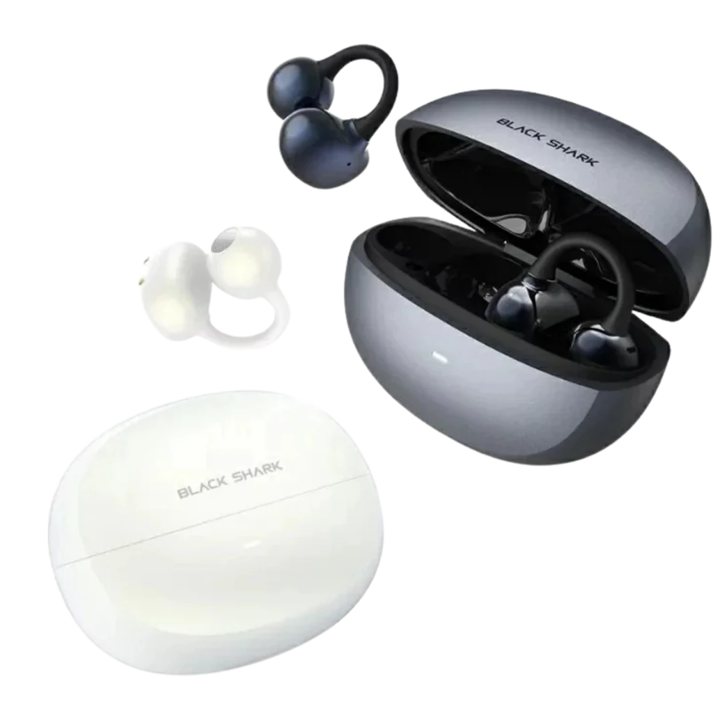 Black Shark C3 Negro Auriculares Bluetooth Open Ear con gancho ergonómico, acabado metálico gris, estuche ovalado magnético y almohadillas intercambiables