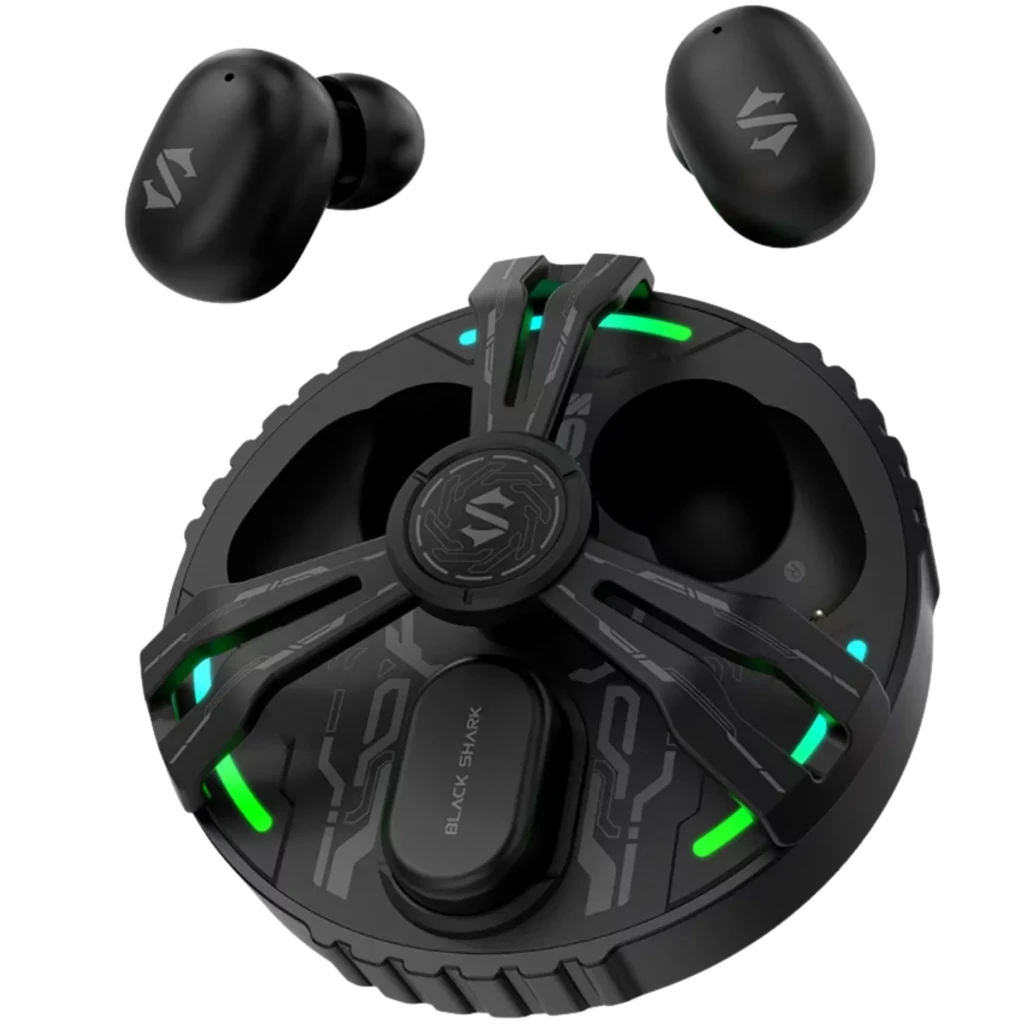 Black Shark Rokas 5 Inalámbricos Bluetooth ANC Negro con estuche redondo gaming LED verde, acabado mate, logo S y auriculares compactos ergonómicos