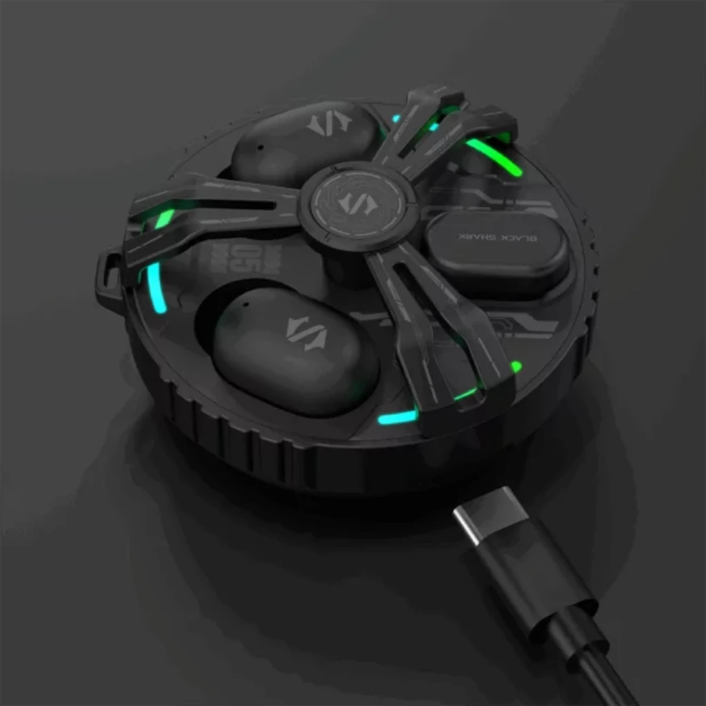 Black Shark Rokas 5 Inalámbricos Bluetooth ANC Negro con estuche redondo futurista, luces LED verdes, dos earbuds ergonómicos y cable USB-C negro