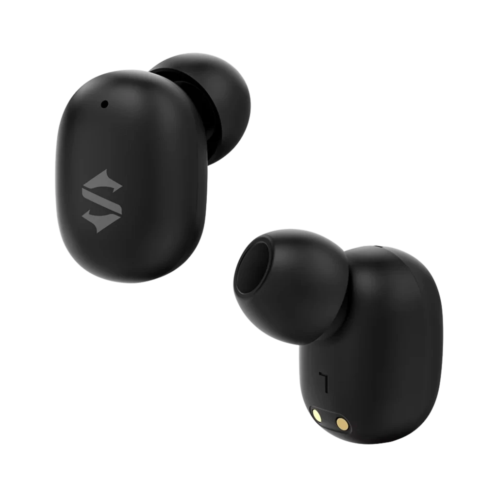 Auriculares Black Shark Rokas 5 inalámbricos negros con ANC, diseño compacto in-ear, carcasa mate con logo S y pines de carga dorados en la base