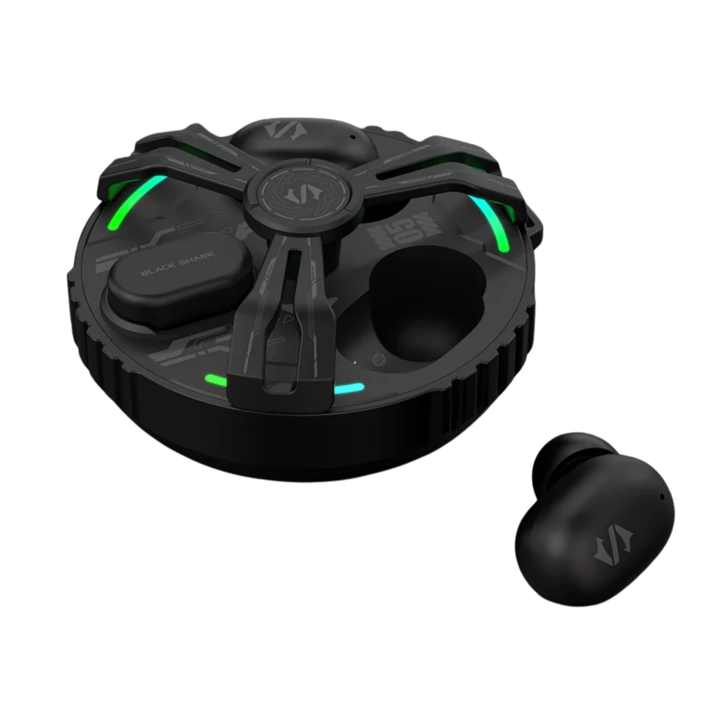 Black Shark Rokas 5 Inalámbricos Bluetooth ANC Negro con estuche circular gamer negro, luces LED verdes, tapa con diseño industrial y audífonos compactos