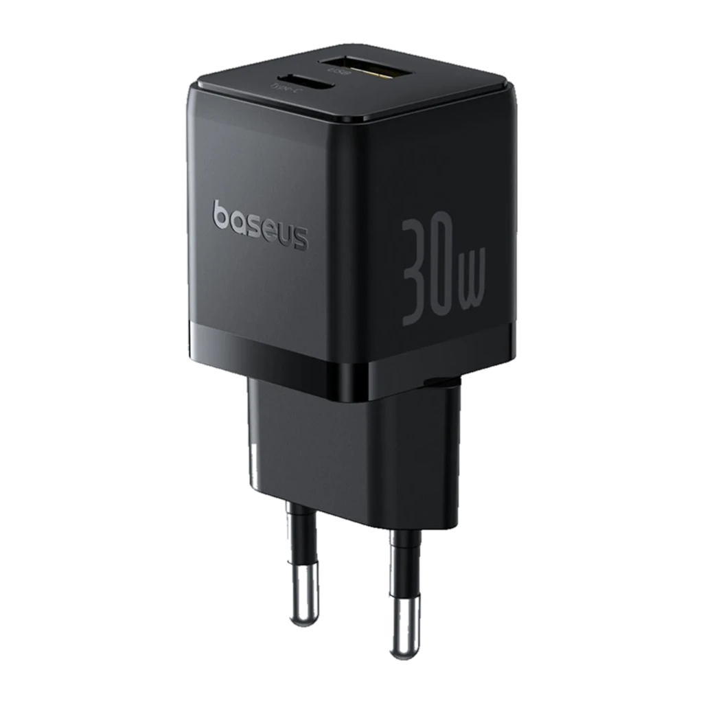Cargador de pared Baseus 30W compacto en negro, con doble puerto USB-A y USB-C, acabado mate, bordes rectos y clavija europea desmontable