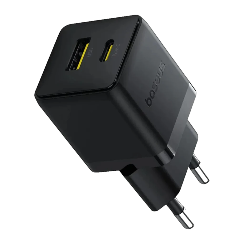 Baseus Palm Fast Charger 30W USB-A + USB-C cargador de pared negro, compacto, acabado mate, dos puertos con detalle amarillo y enchufe europeo