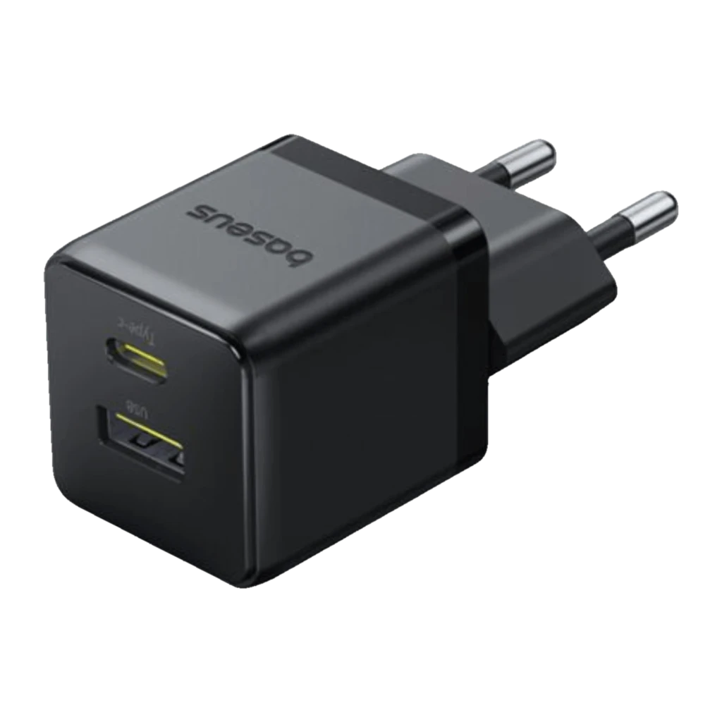 Cargador de pared Baseus Palm Fast Charger 30W, compacto y negro, con dos puertos USB-C y USB-A de borde verde y clavija europea redondeada